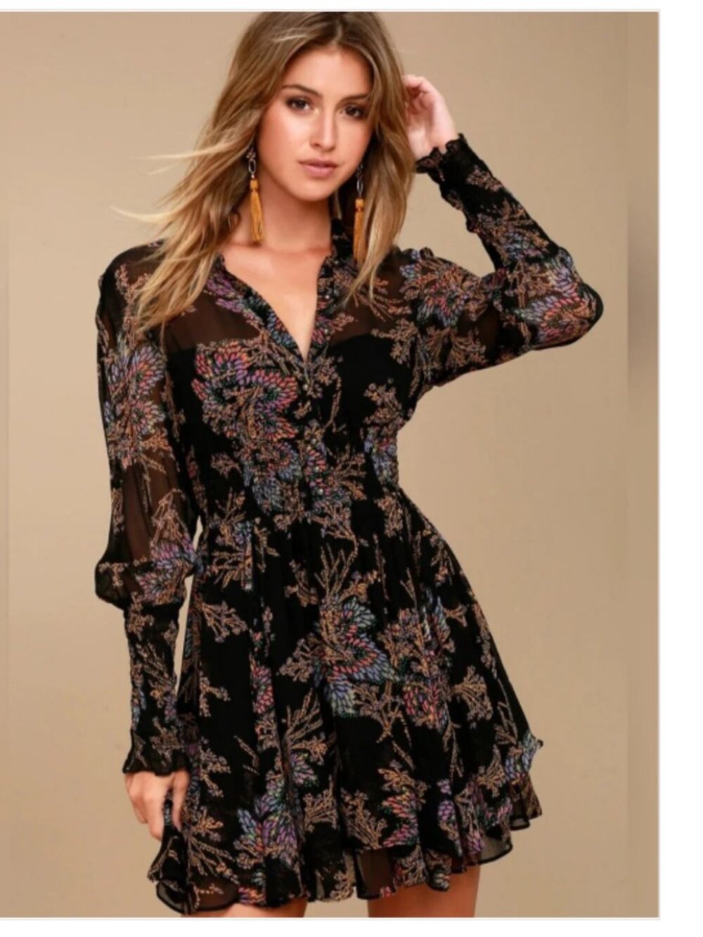 Free People Fake Pretend Black Print Long Sleeve Mini Dress size Medium - Picture 2 of 12